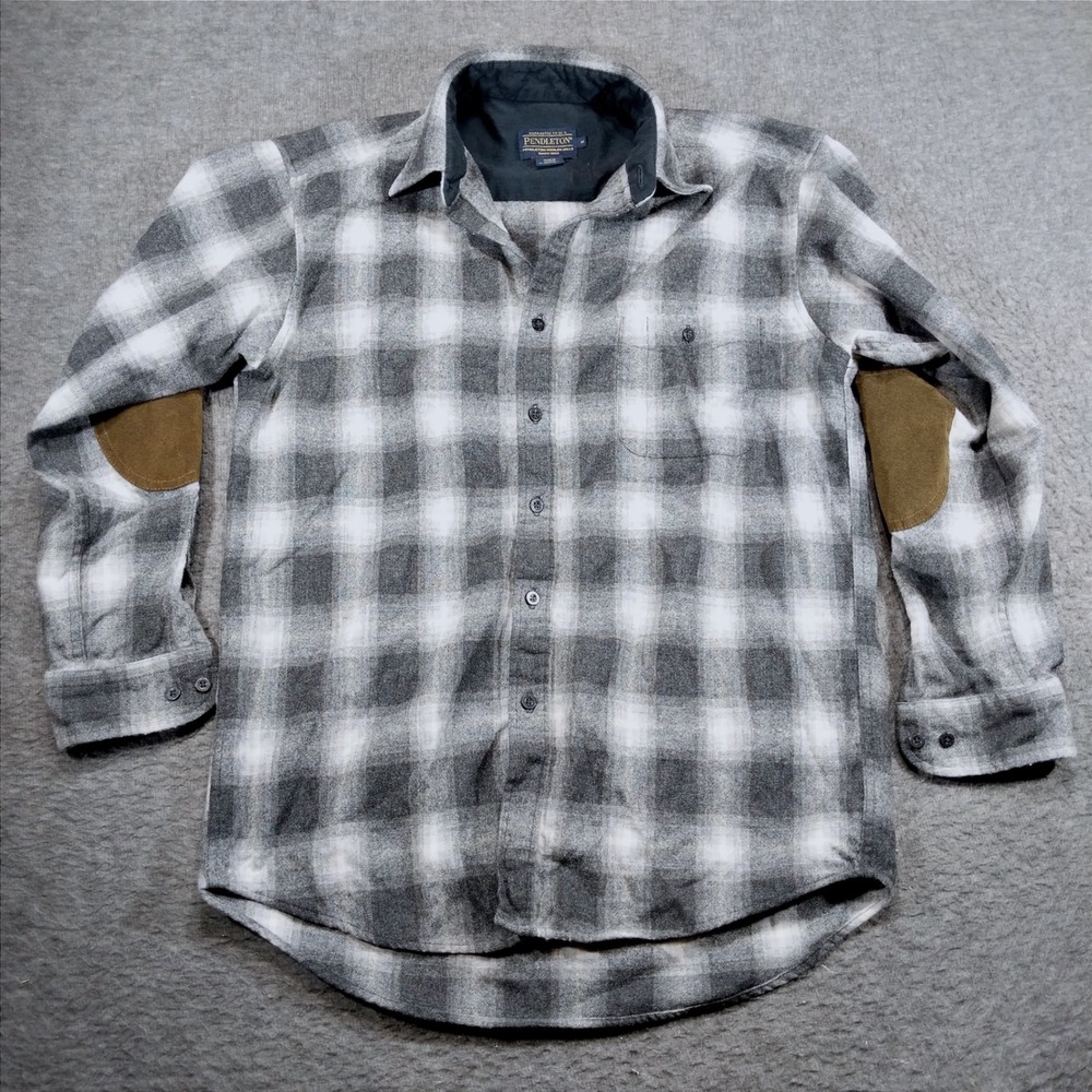 Pendleton Trail Wool Flannel Shirt Mens Medium Gray Plaid Elbow Patches Western